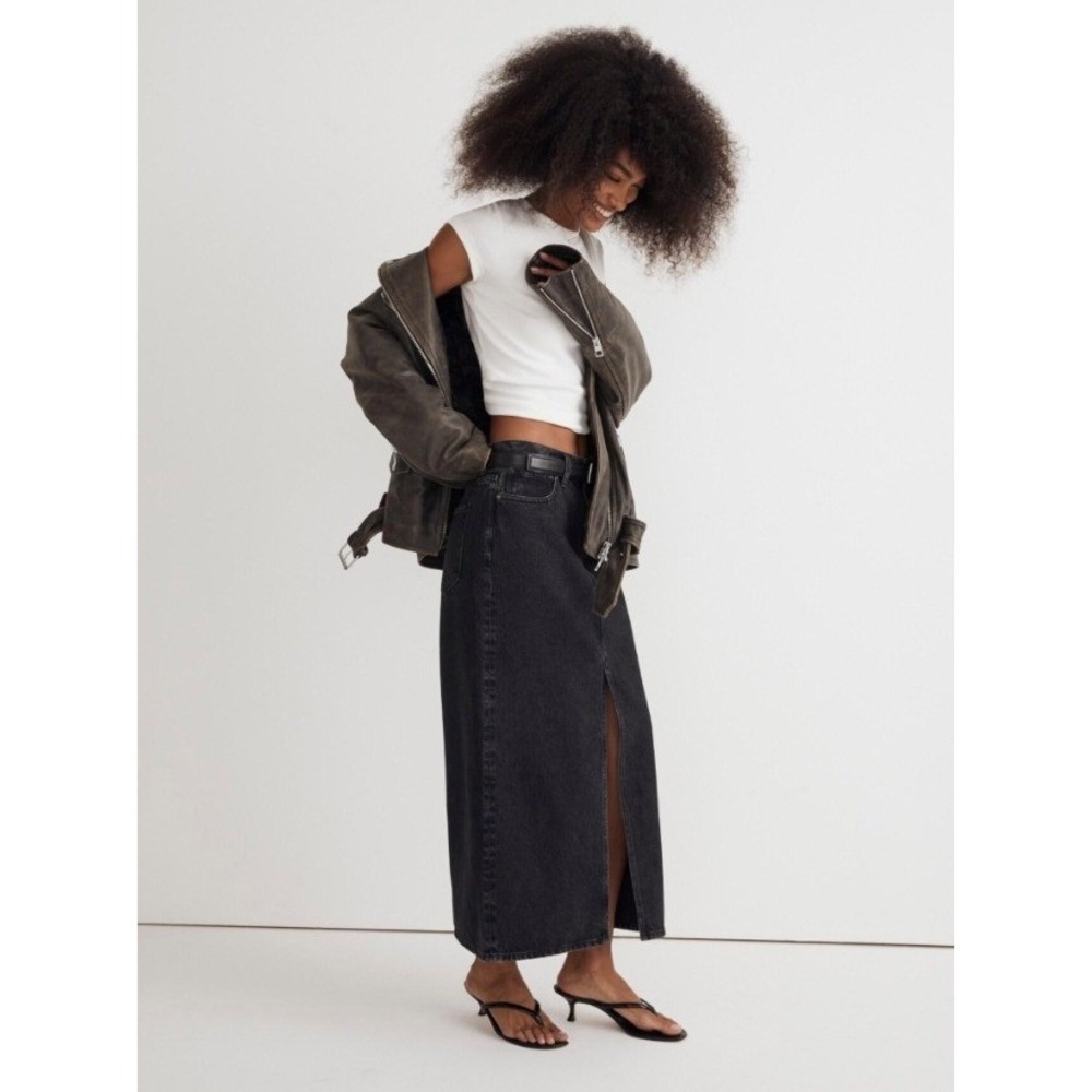 Madewell Denim Mid-Rise Maxi Skirt Lunar Wash Black Front Slit 28